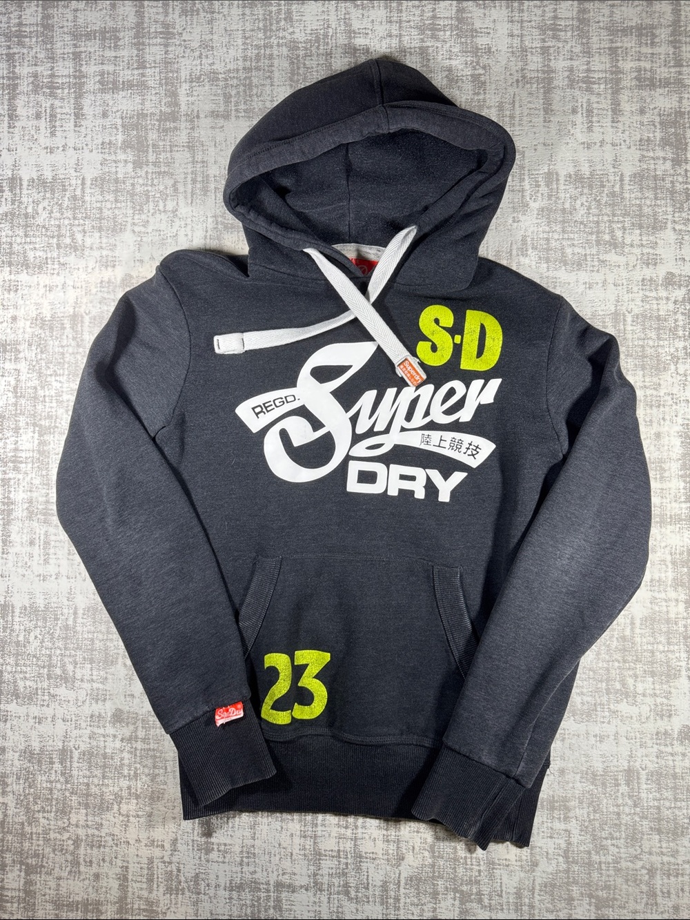 Superdry Men's Charcoal Hoodie with Lime Logo Accents Unisex 25X19.5PTP